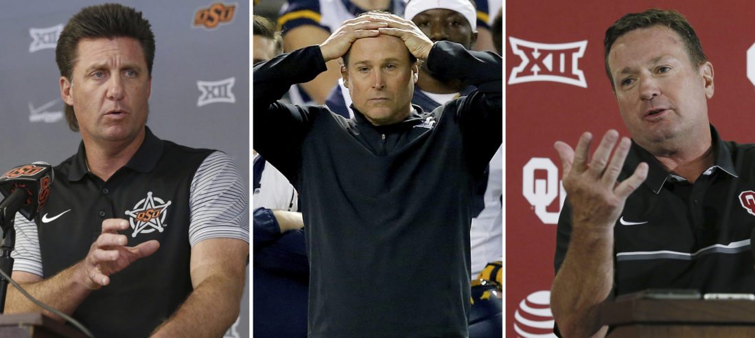 FILE - At left, in an Oct. 17, 2016, file photo, Oklahoma State head coach Mike Gundy speaks during an NCAA college football news conference in Stillwater, Okla. At center, in a Jan. 2, 2016, file photo, West Virginia coach Dana Holgorsen watches during the first half of the Cactus Bowl NCAA college football game against Arizona State, in Phoenix. At right, in an Aug. 29, 2016, file photo, Oklahoma head coach Bob Stoops answers a question during an NCAA college football news conference in Norman, Okla. The Big 12 Conference is going into November without a top-10 team in the AP poll for the first time in the league's 20-year history. And the playoff hopes are pretty much done too after Baylor and West Virginia both lost. (AP Photo/File)