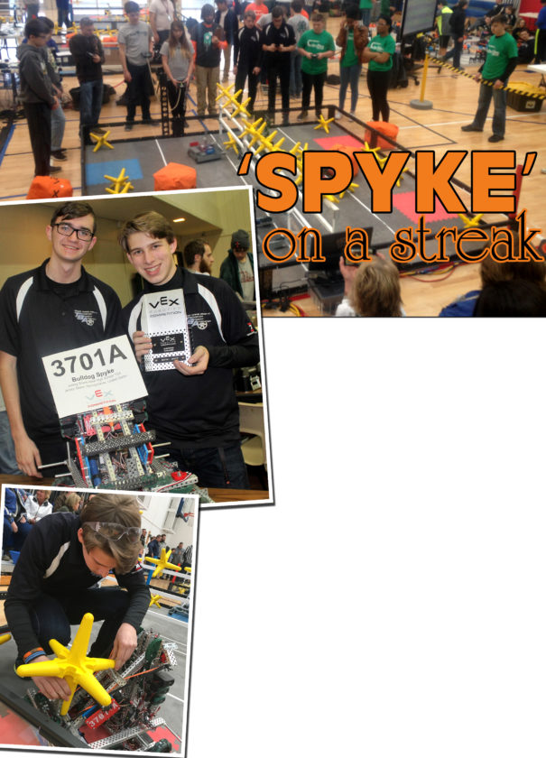 PHOTOS PROVIDED
At top, a robot is operated inside the enclosed arena. Above at left, Nash Berfield and Ryan Stratton are seen with their custom robot. At left, Ryan Stratton makes final inspections of “Spyke.”
