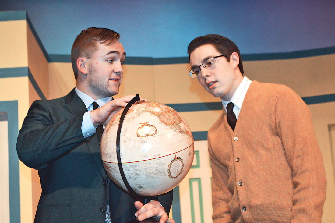 Top: Paul Ragan, as Bernard, and Dean Zinda, as Robert, rehearse a scene from Southwest Minnesota State University Theater’s production of “Boeing Boeing,” which opens today.