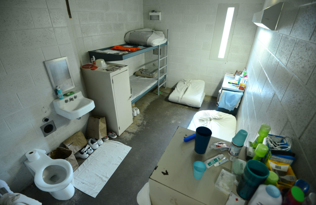 This Maui Community Correctional Center cell designed to bunk two inmates currently houses four, with two sleeping on mattresses on the concrete floor.
The Maui News / MATTHEW THAYER photo