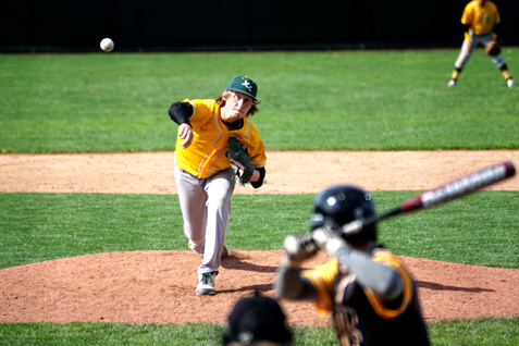 Above, Jamestown CC's Steven Krystofiak delivers to the plate during the second game of an NJCAA Region 3 Division III doubleheader against Broome CC on Saturday at Diethrick Park. 
Photos by Jake Steinhoff | Jamestown CC Athletics