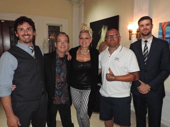 Photo Provided STIFEL FINE Arts Center director of exhibitions Michael McKowen, left, juror Daniel Boyd, taxidermist and assemblage artist Sara Ford Cocco, mixed-media artist Jason Sauer and United Bank branch manager Nathan McKeen (sponsor).