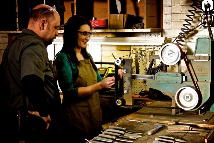 Staff writer Shae Dalrymple learned firsthand from L.T. Wright knife-making expert "Scooter" during her visit to the Wintersville business that sells handmade knives online. -- Courtesy of L.T. Wright Knives